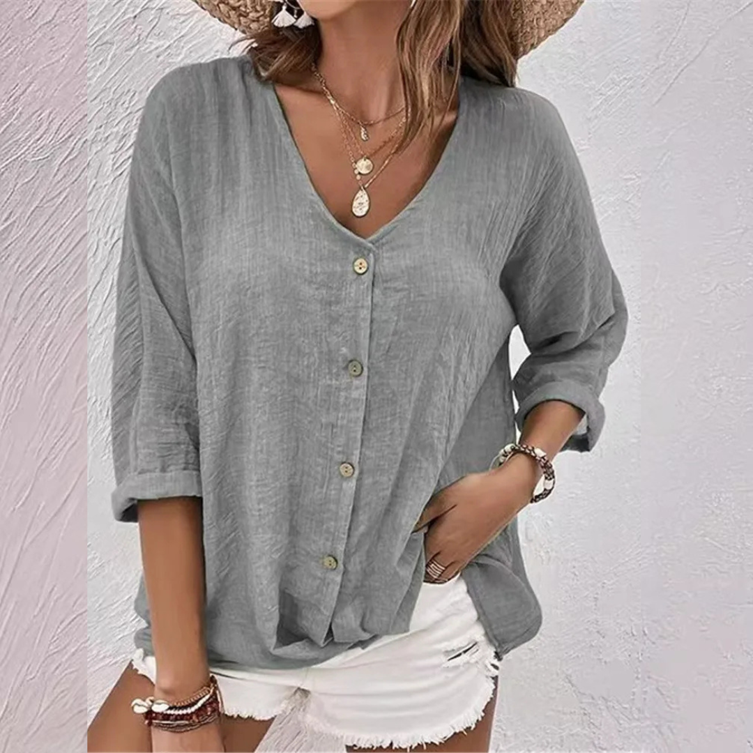 Cleo Summer Linen Blouse with Fine Button Closure