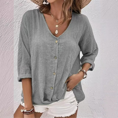 Cleo Summer Linen Blouse with Fine Button Closure